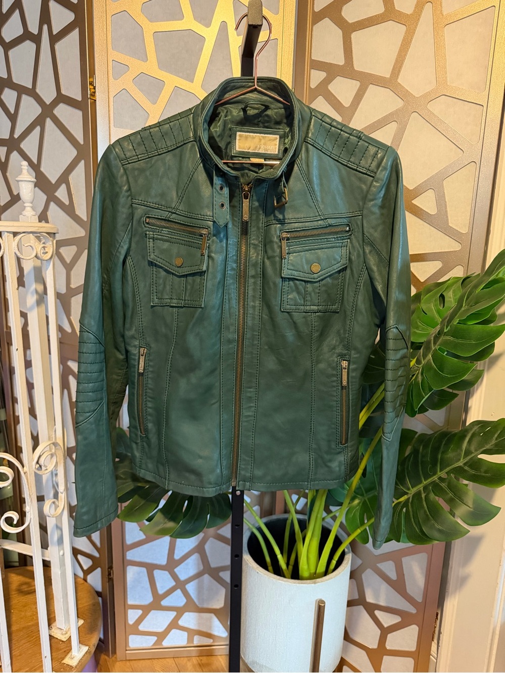 Michael Kors Green Faux Leather Moto Jacket XL